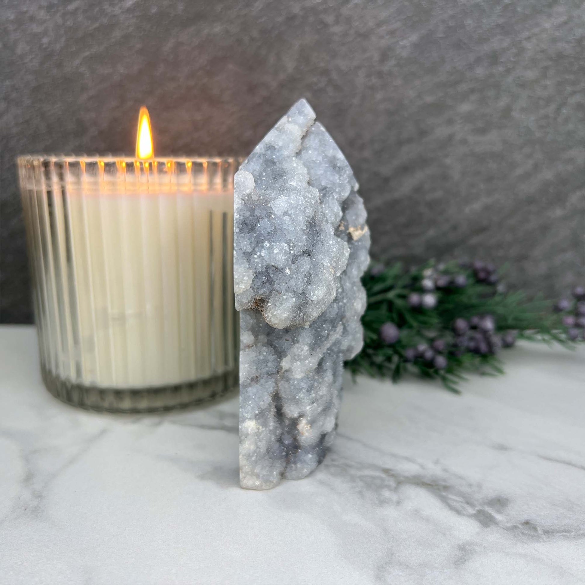 Soft White and Gray Sphalerite with Druzy Quartz Tower