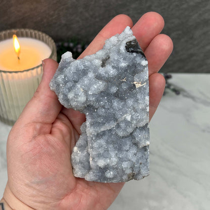 Soft White and Gray Sphalerite with Druzy Quartz Tower