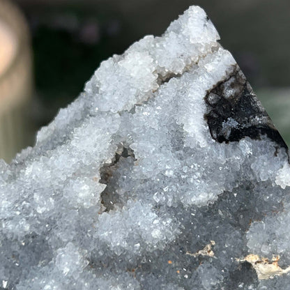 Soft White and Gray Sphalerite with Druzy Quartz Tower