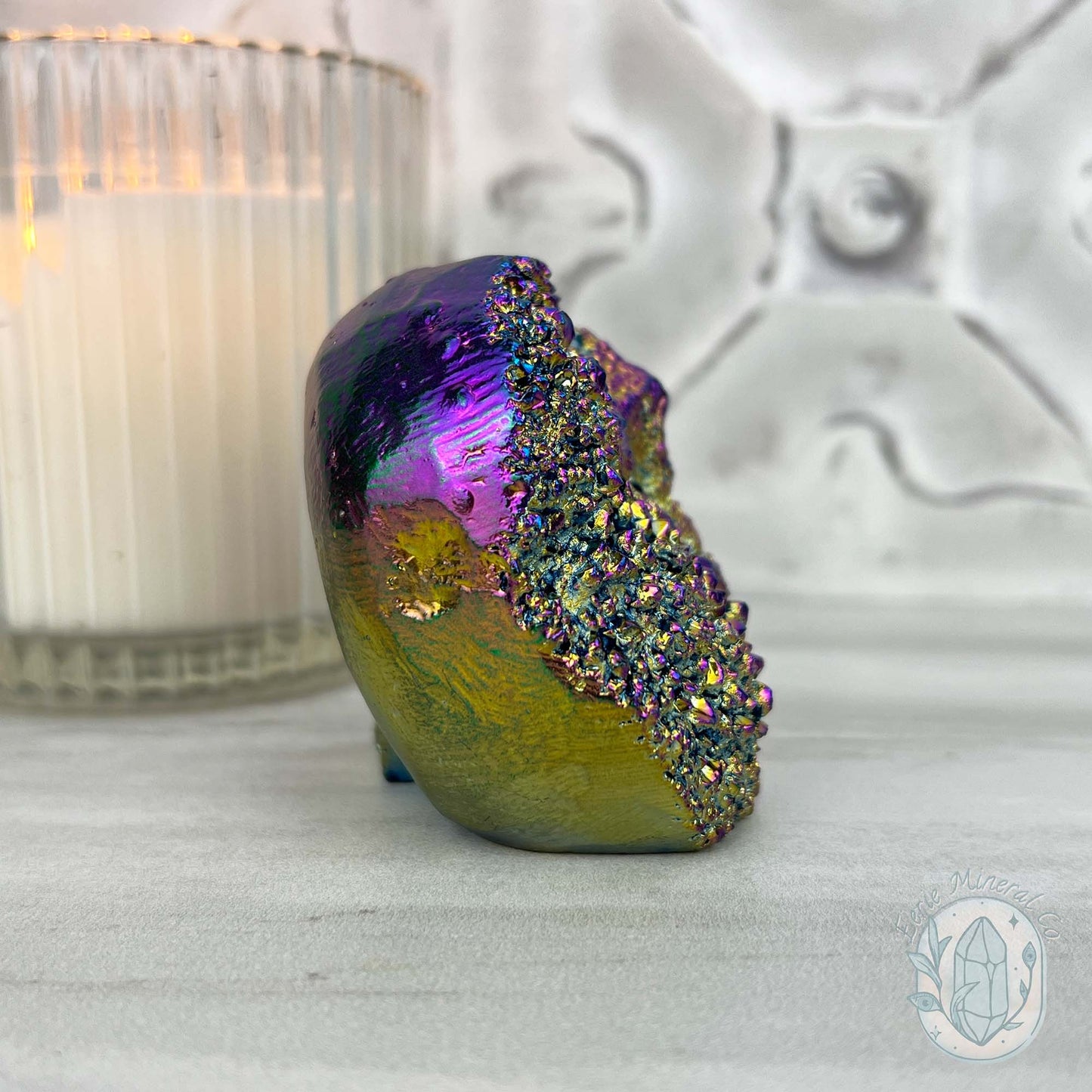 Titanium Aura Quartz Crystal Skull Carving