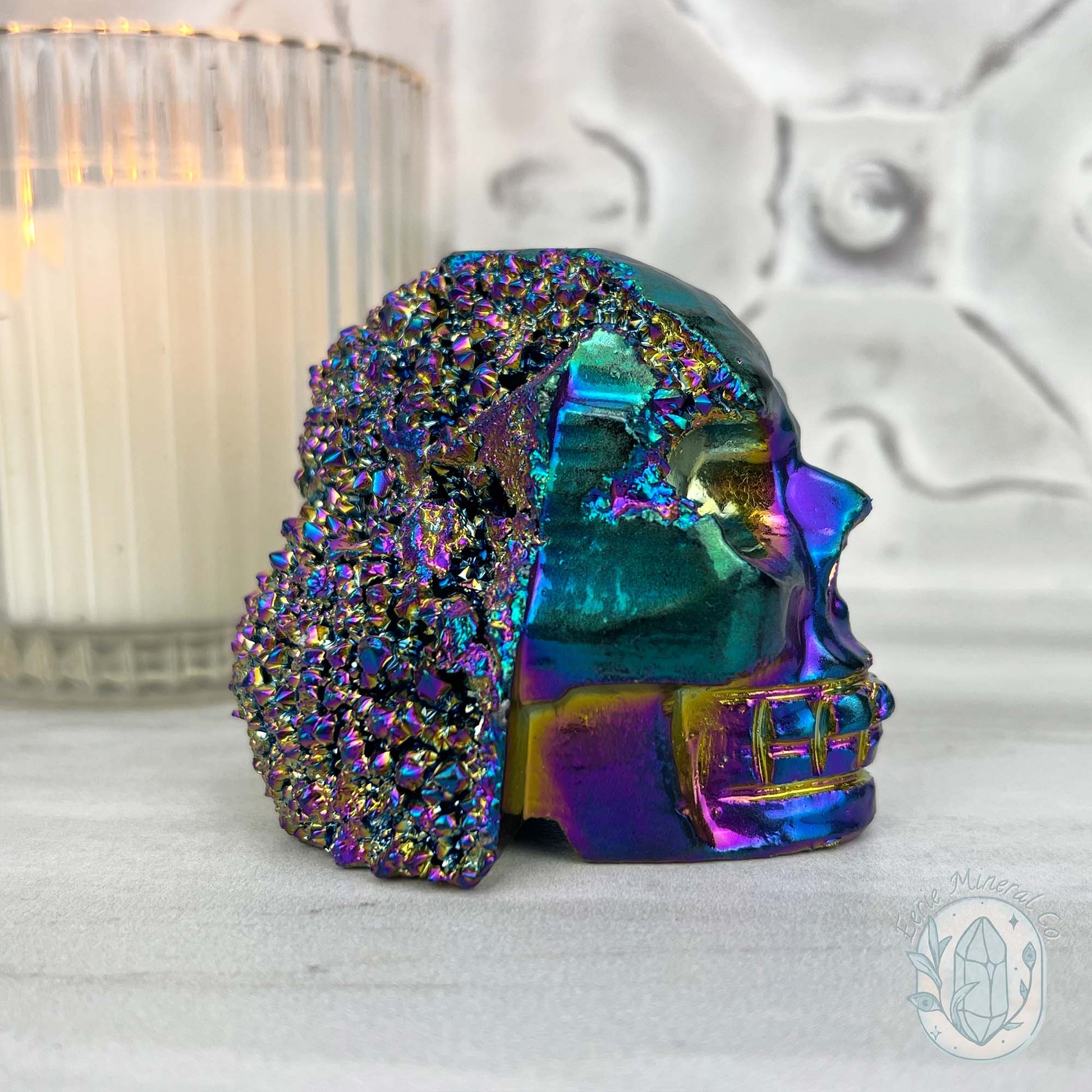 Titanium Aura Quartz Crystal Skull Carving