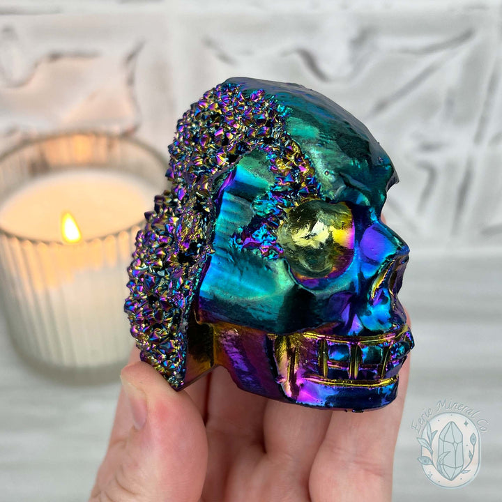 Titanium Aura Quartz Crystal Skull Carving