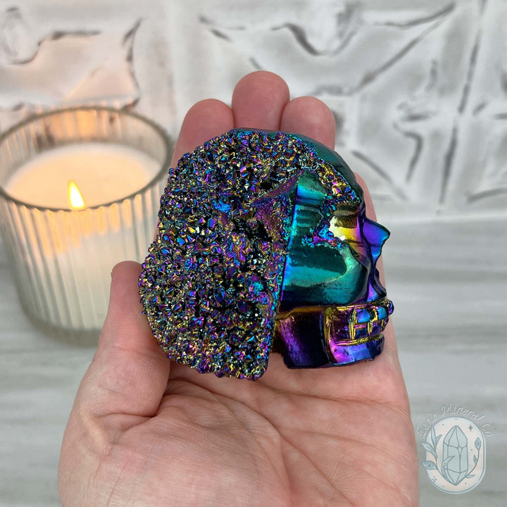 Titanium Aura Quartz Crystal Skull Carving