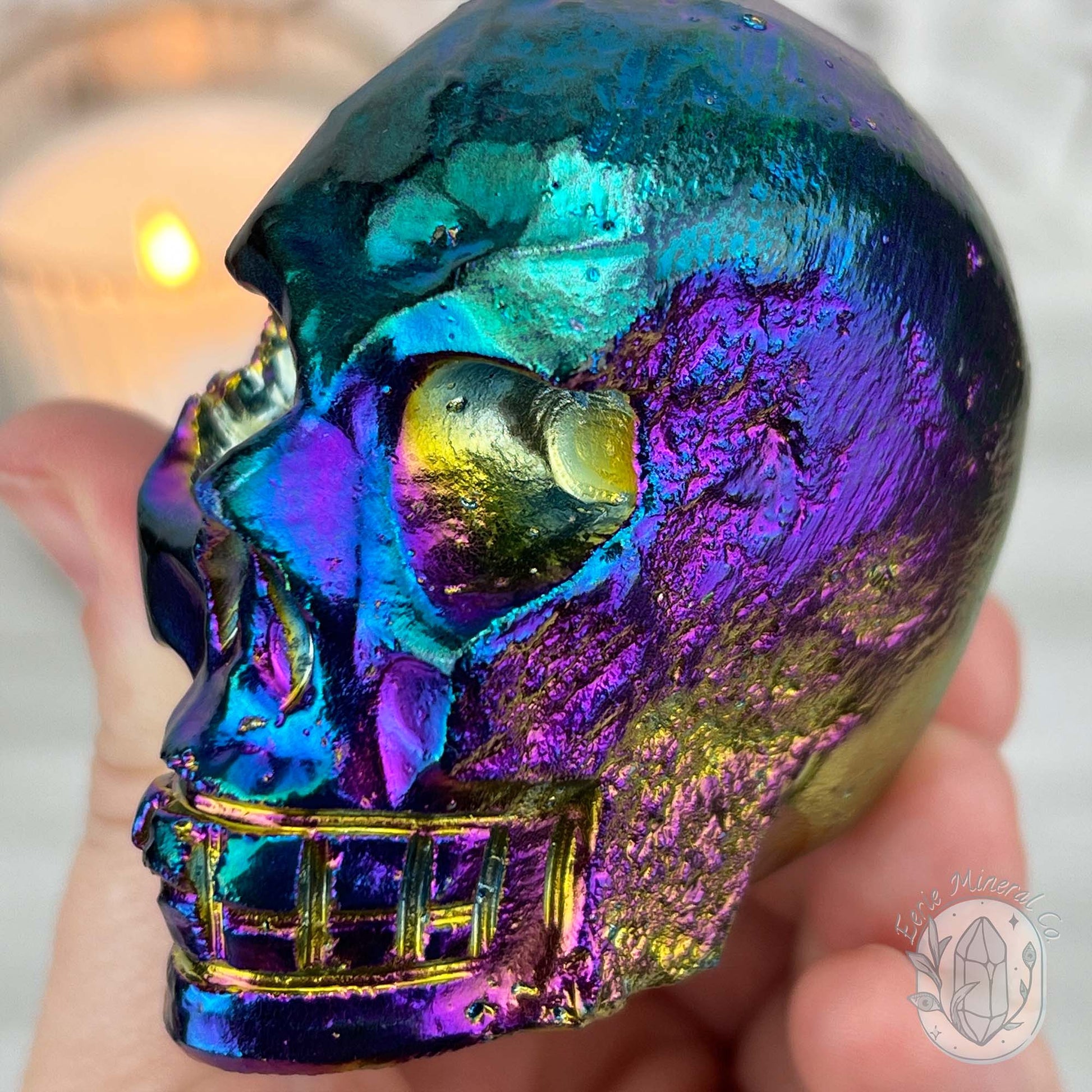 Titanium Aura Quartz Crystal Skull Carving
