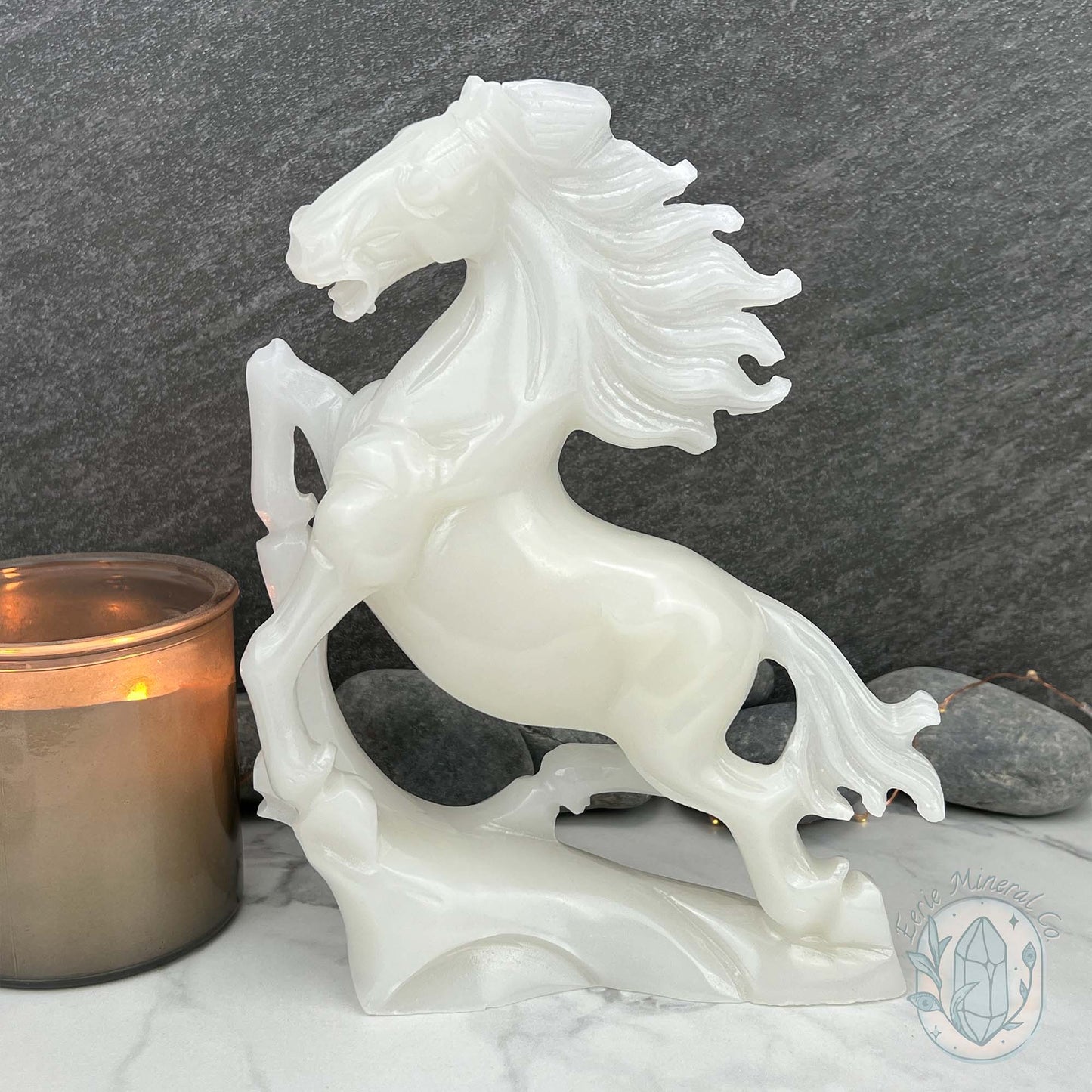 Large White Jade Rearing Stallion Horse Carving Statue