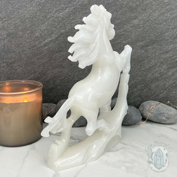 Large White Jade Rearing Stallion Horse Carving Statue