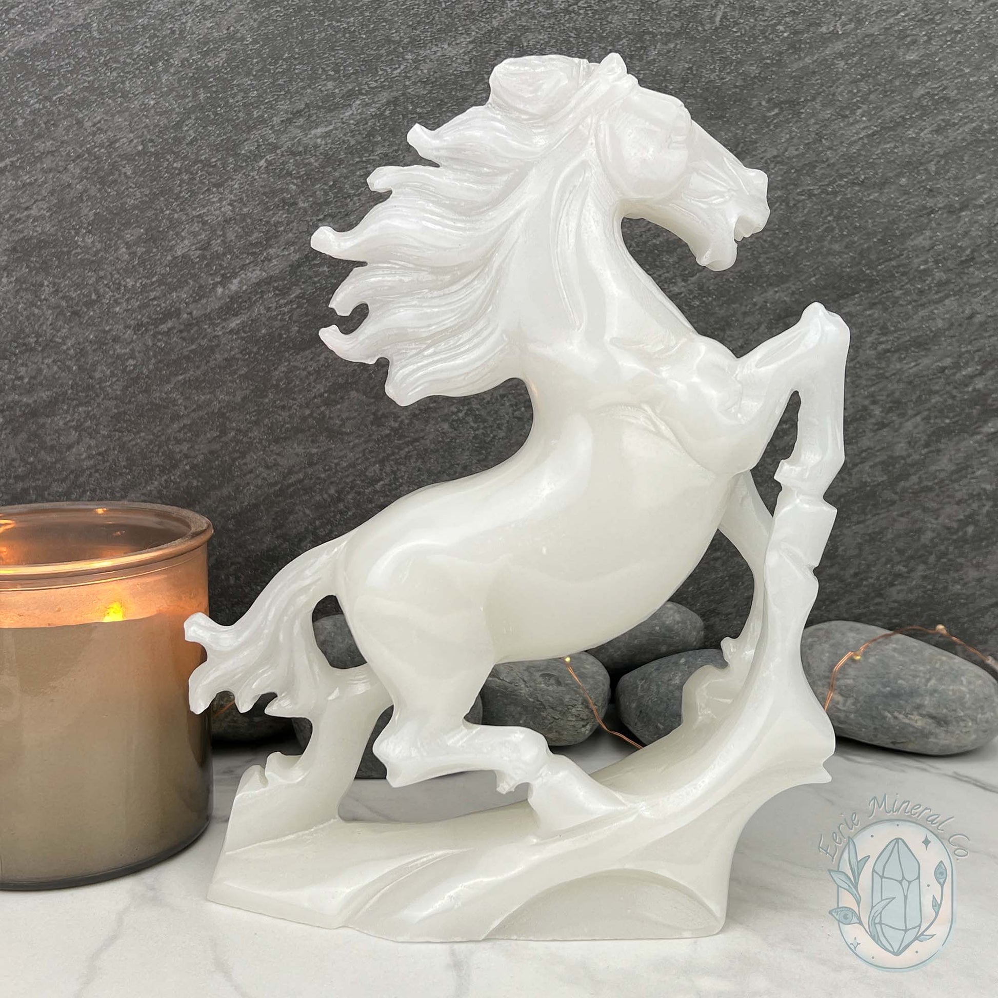 Large White Jade Rearing Stallion Horse Carving Statue