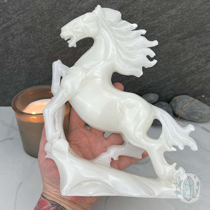 Large White Jade Rearing Stallion Horse Carving Statue