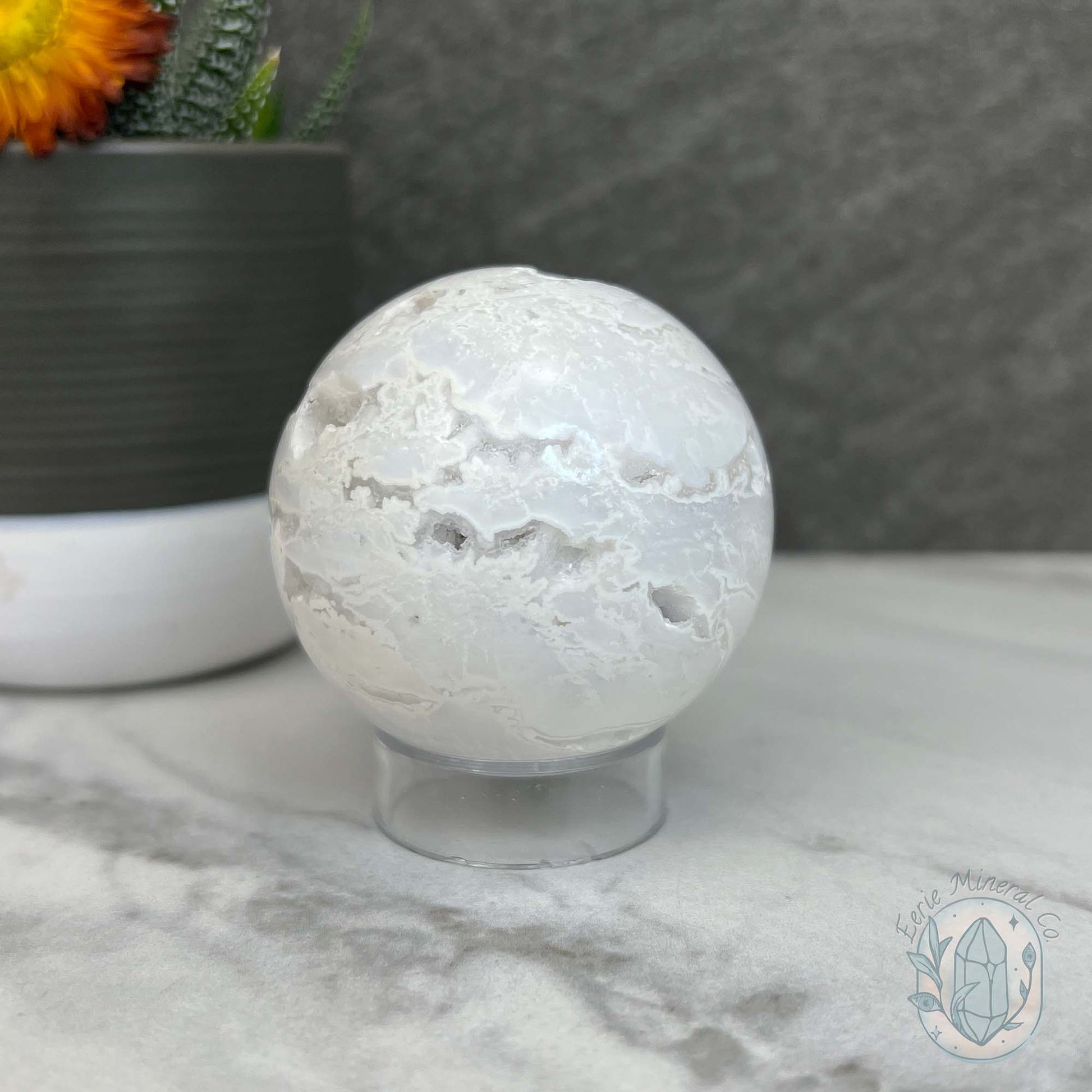 52mm White Druzy Quartz and Chalcedony Sphere