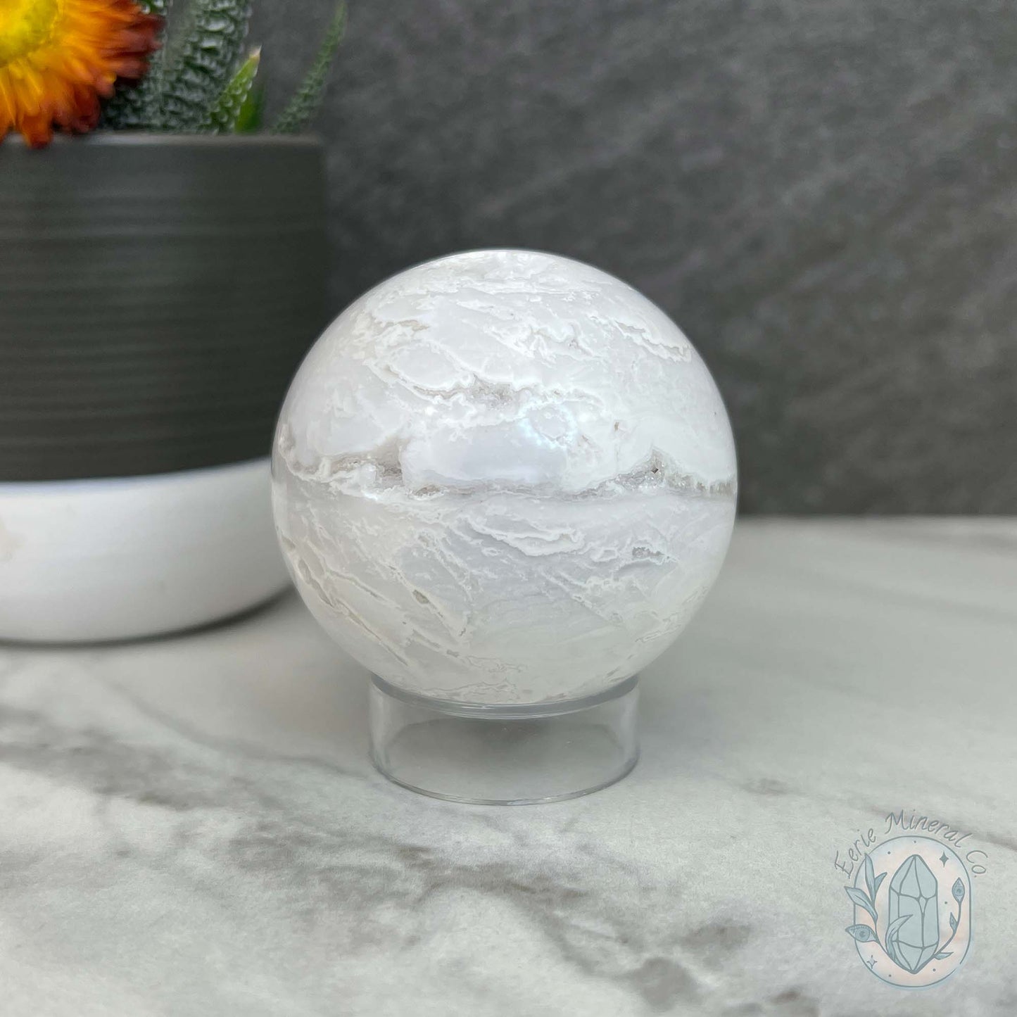 52mm White Druzy Quartz and Chalcedony Sphere