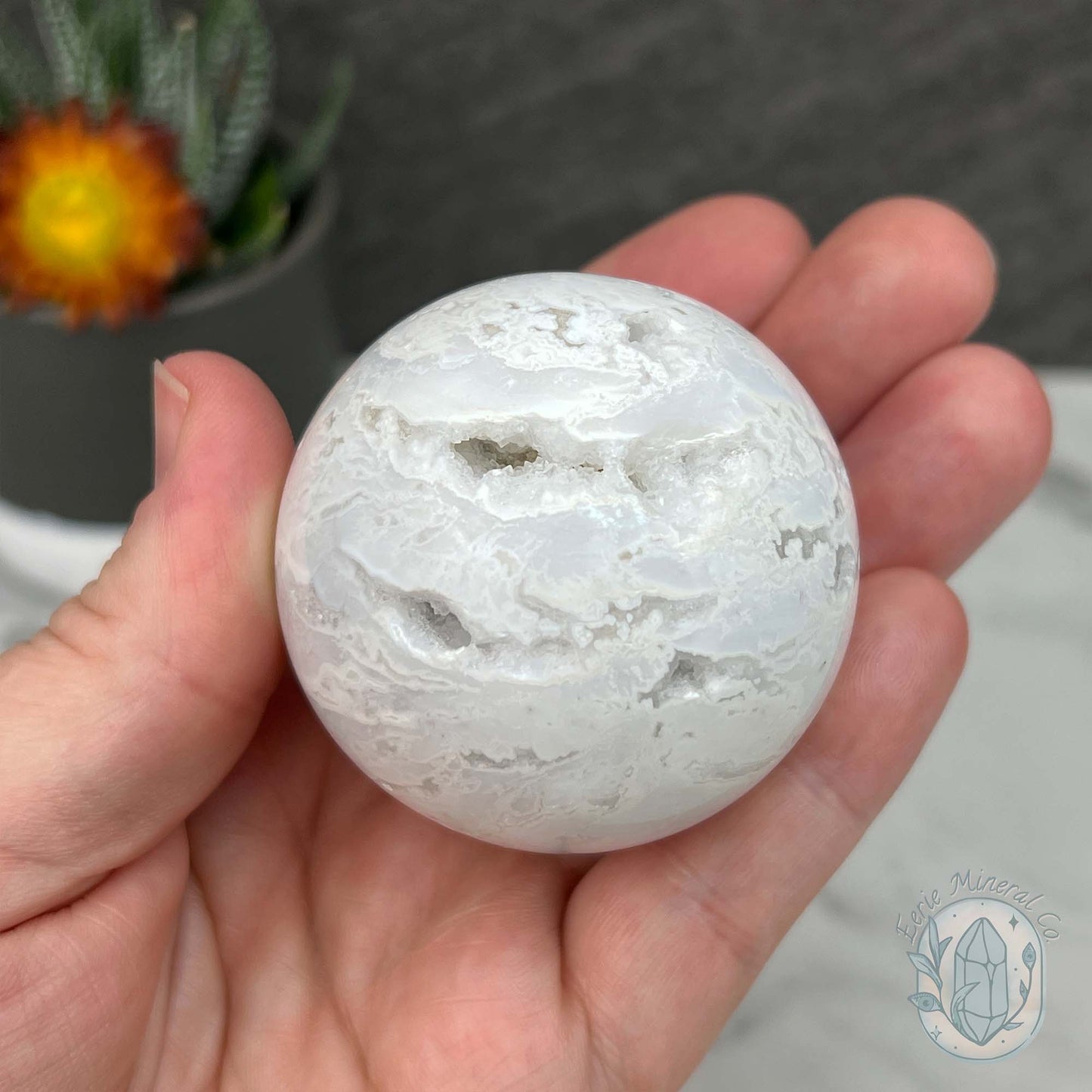 52mm White Druzy Quartz and Chalcedony Sphere