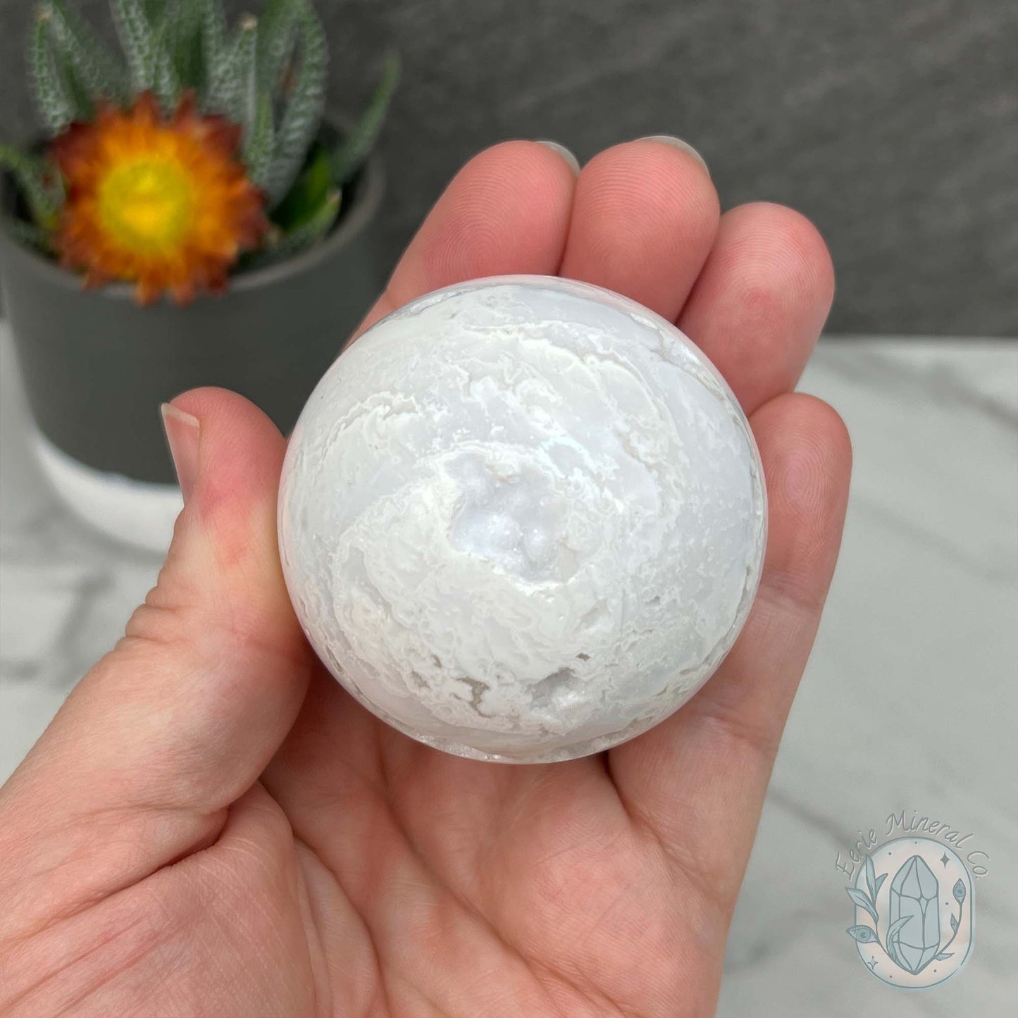 52mm White Druzy Quartz and Chalcedony Sphere