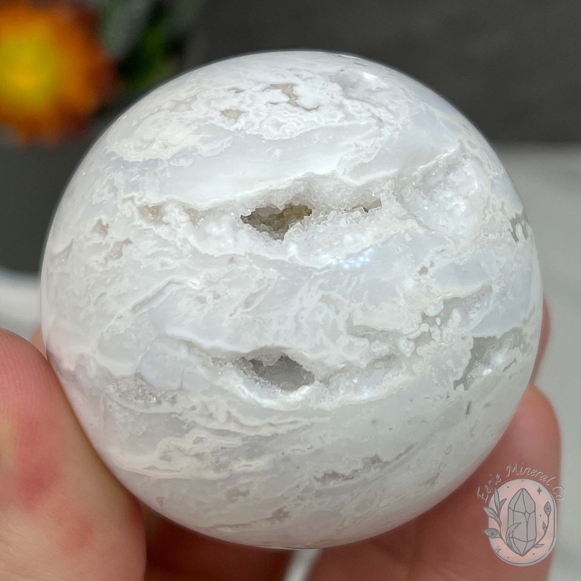 52mm White Druzy Quartz and Chalcedony Sphere