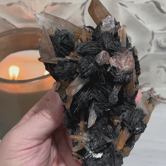 Black Specularite with Clear Quartz Crystal Specimen