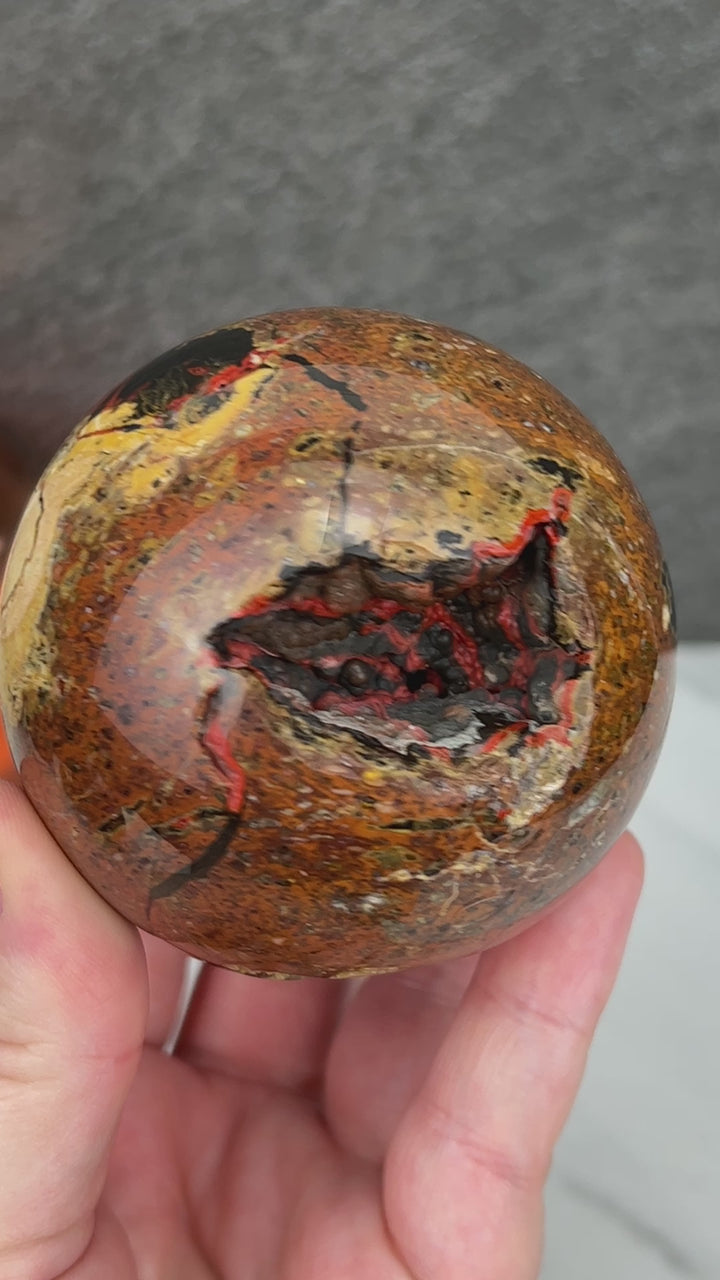 72mm Volcanic Red Fox (Orrelanite) Botryoidal Agate Sphere