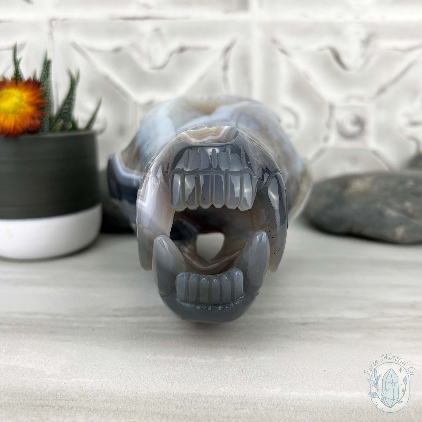 Banded Blue and White Agate Fanged Skull Carving