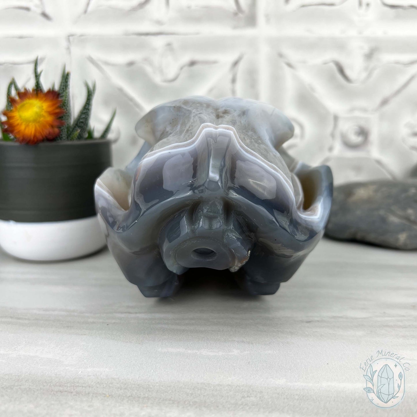 Banded Blue and White Agate Fanged Skull Carving