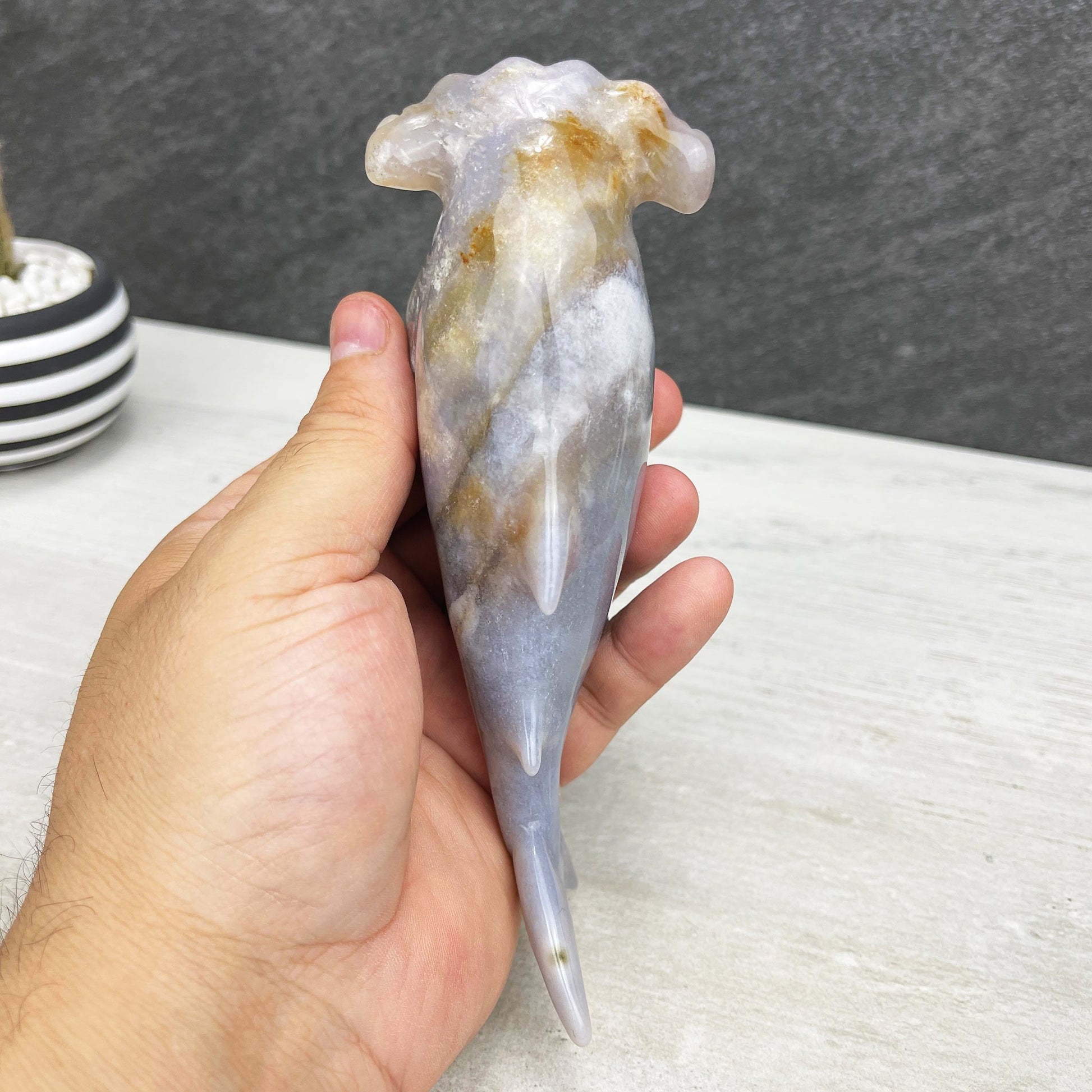 hand carved flower agate hammerhead shark