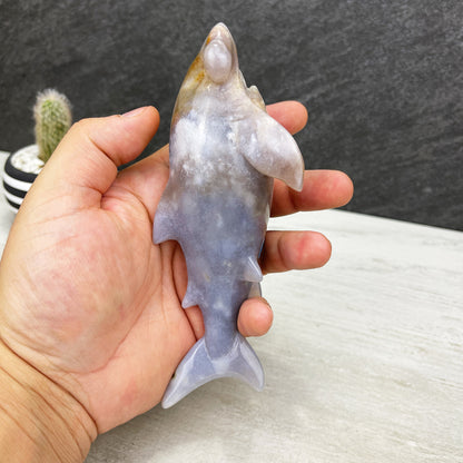 hand carved flower agate hammerhead shark