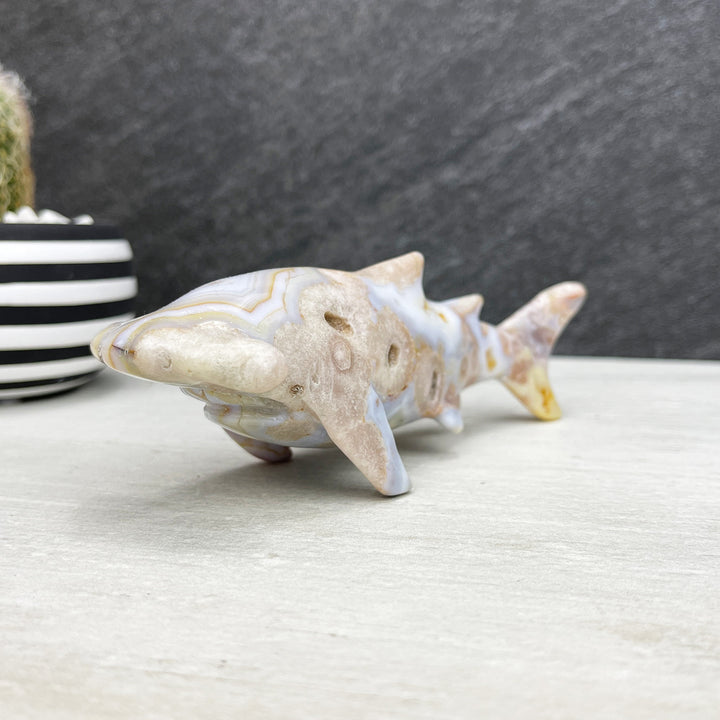 hand carved flower agate hammerhead shark