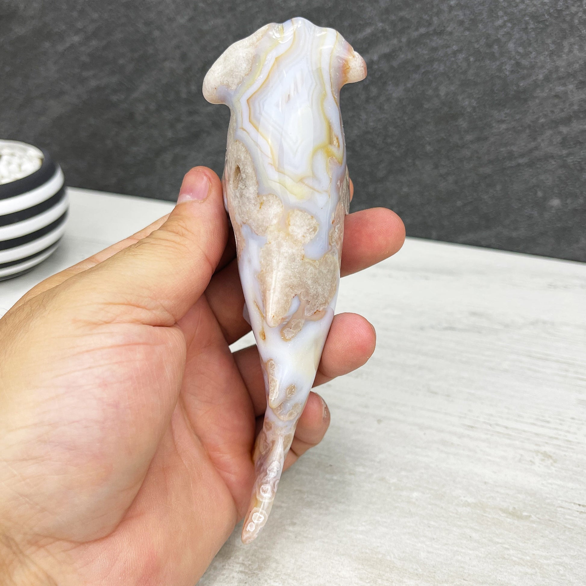 hand carved flower agate hammerhead shark
