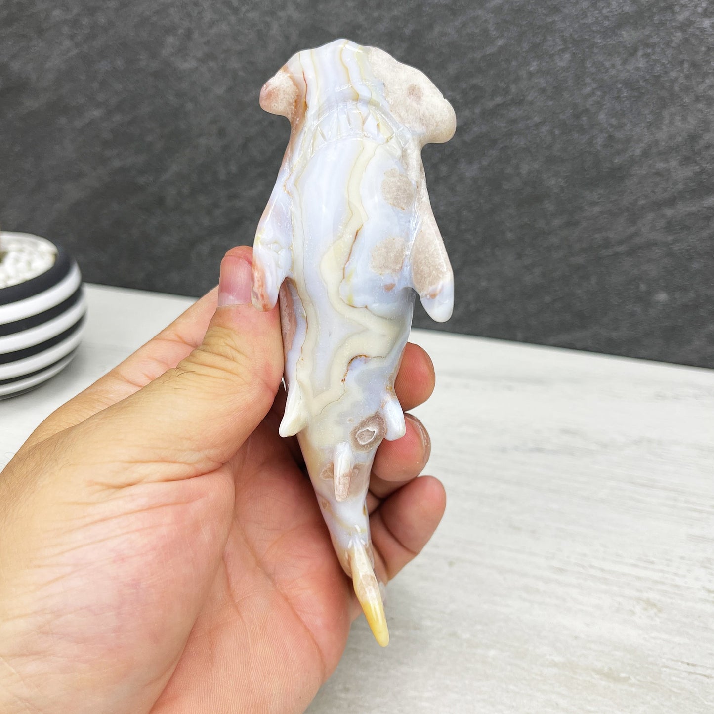 hand carved flower agate hammerhead shark