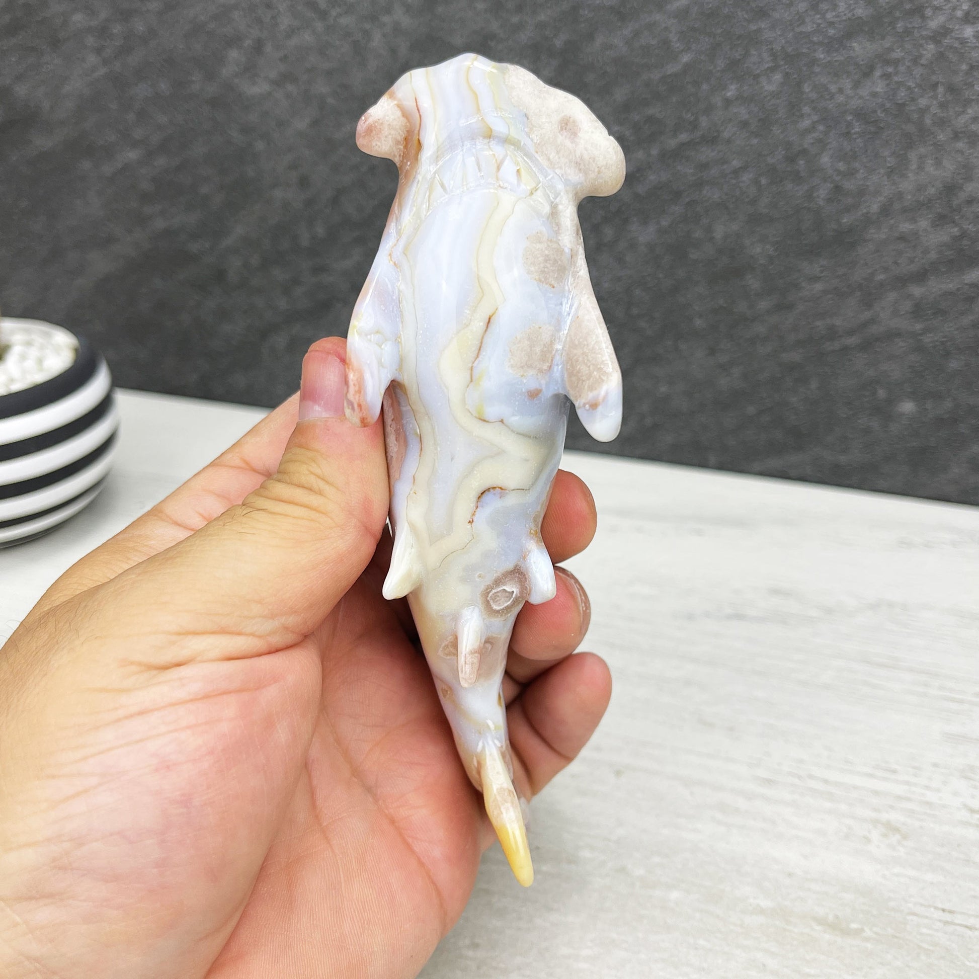 hand carved flower agate hammerhead shark