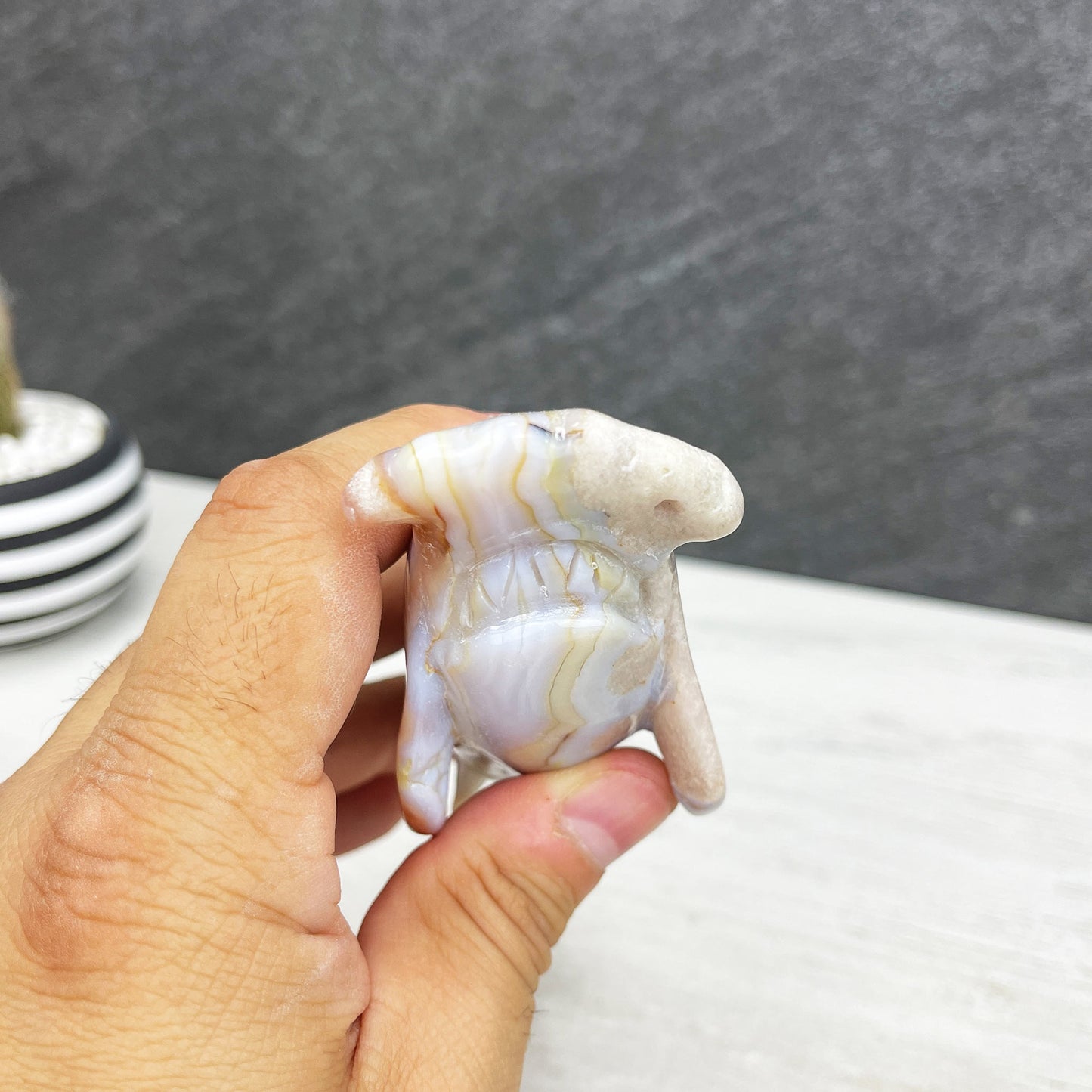 hand carved flower agate hammerhead shark