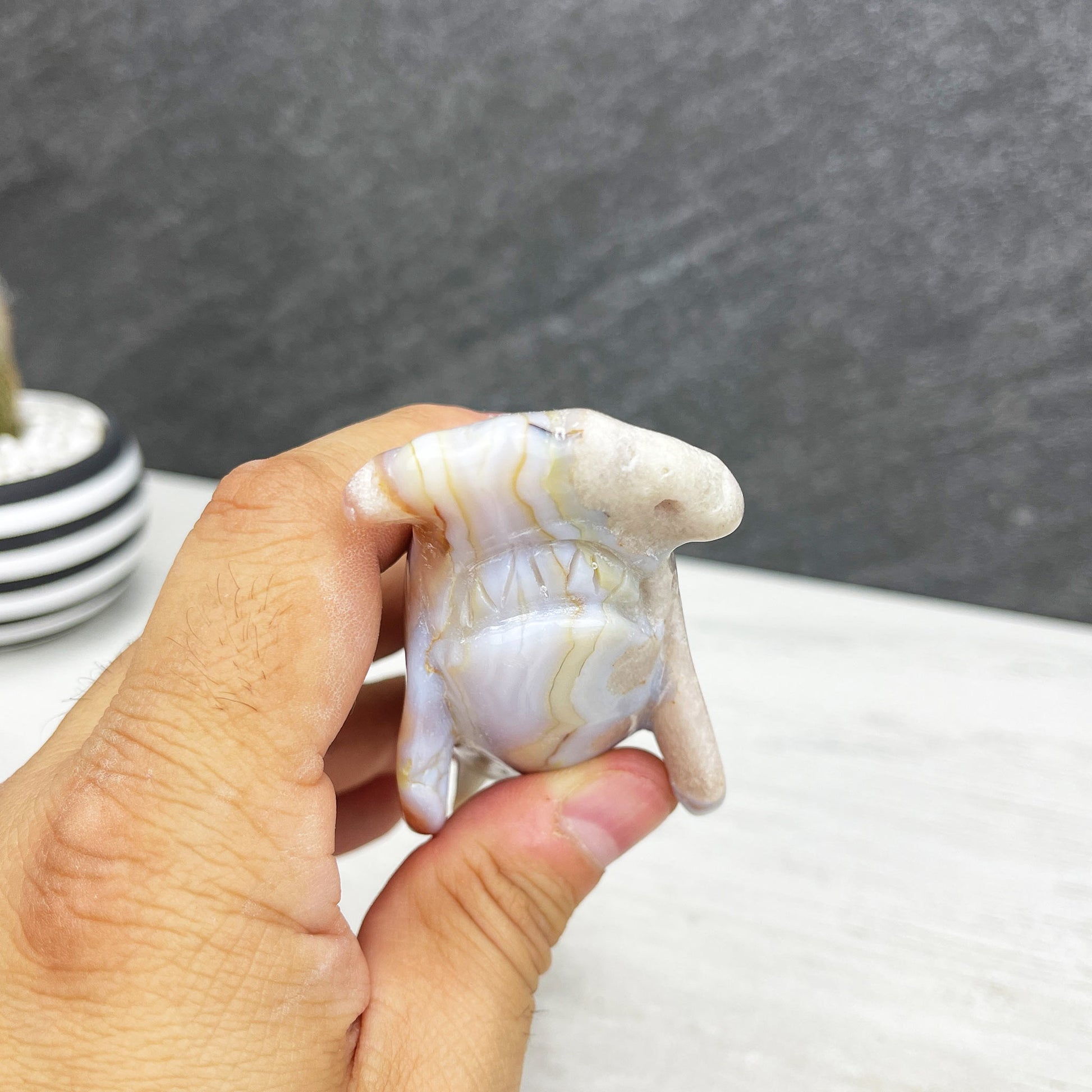 hand carved flower agate hammerhead shark