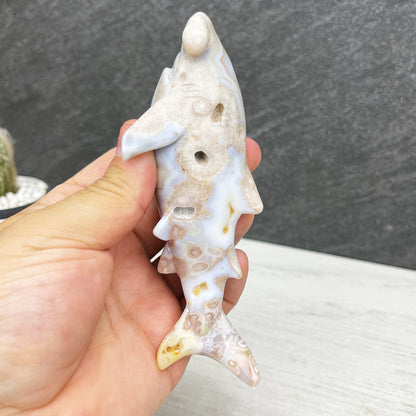 hand carved flower agate hammerhead shark