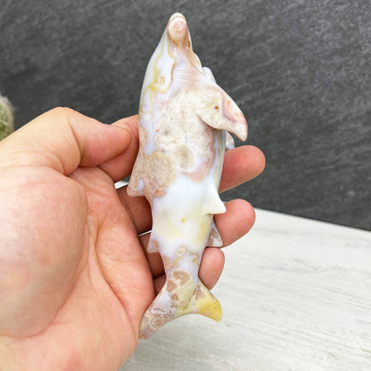 hand carved flower agate hammerhead shark