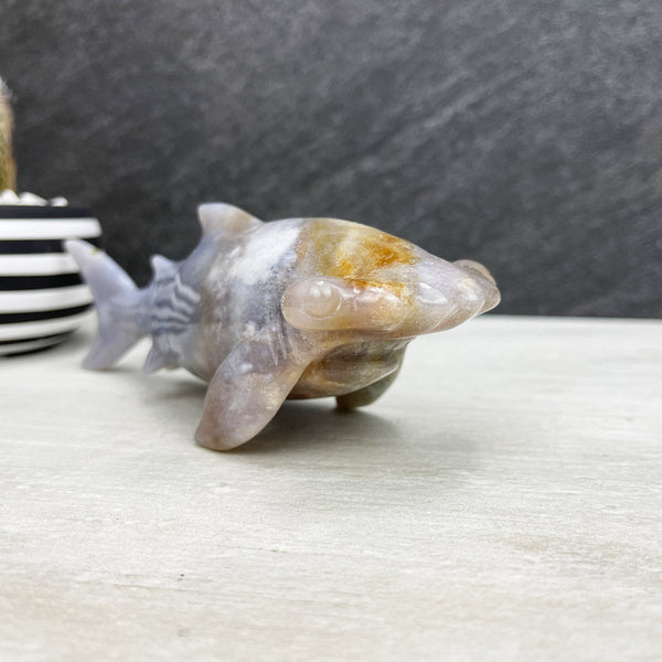 hand carved flower agate hammerhead shark