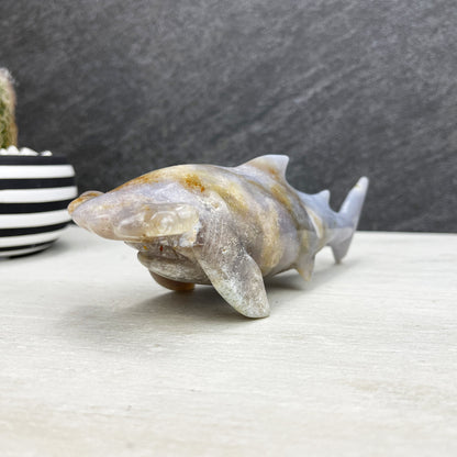 hand carved flower agate hammerhead shark