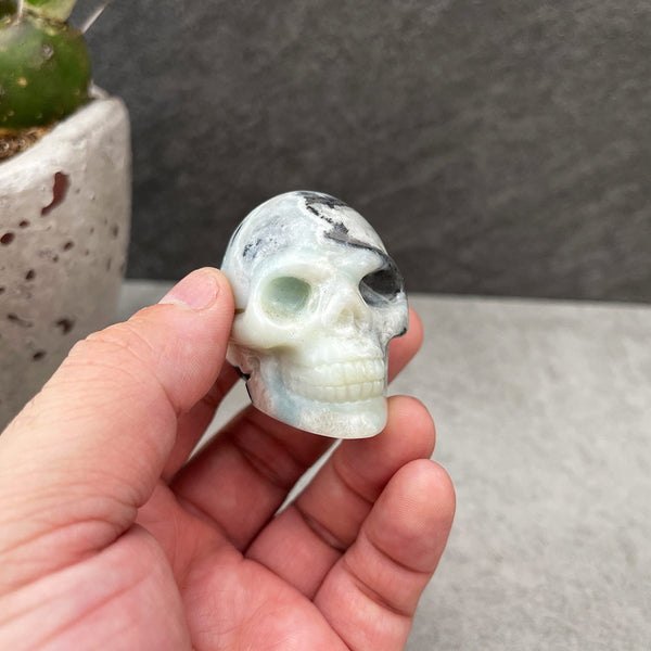 Amazonite with Black Tourmaline Mini Skull Carving