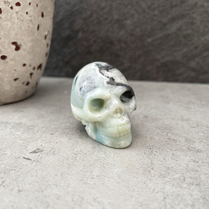 Amazonite with Black Tourmaline Mini Skull Carving