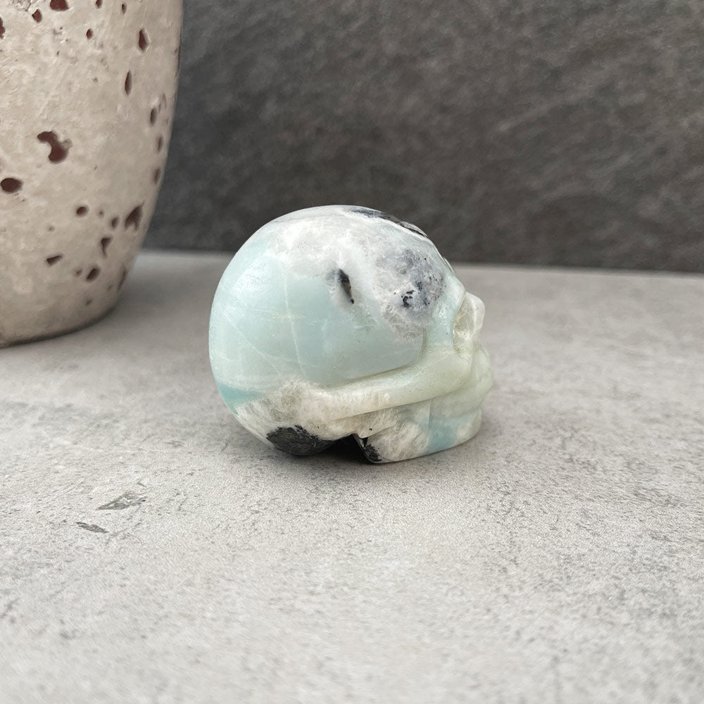 Amazonite with Black Tourmaline Mini Skull Carving