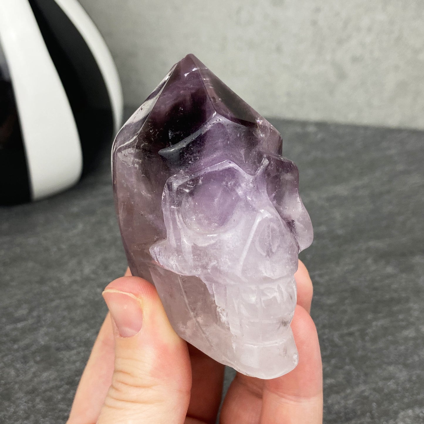 amethyst crystal point skull carving