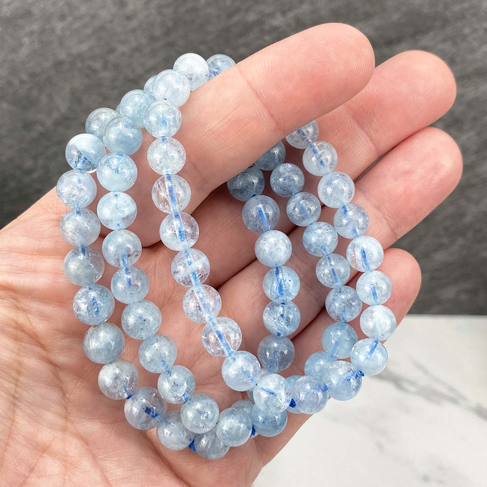 Polished Aquamarine Beaded Stretch Bracelet
