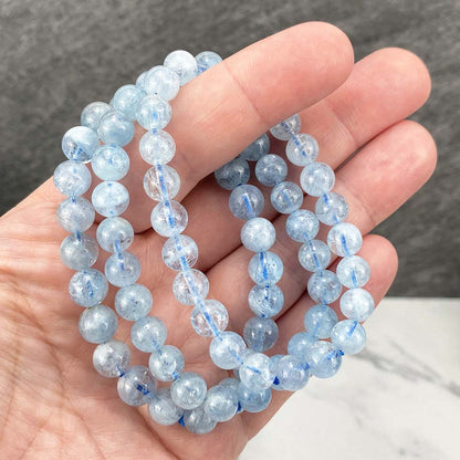 Polished Aquamarine Beaded Stretch Bracelet