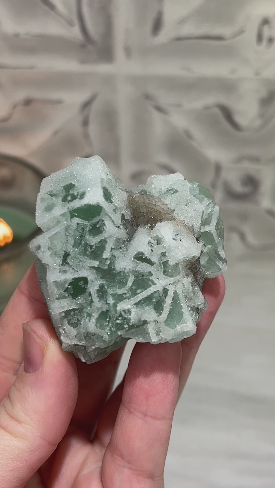 Druzy Green Sugar Fluorite Specimen with Display Stand