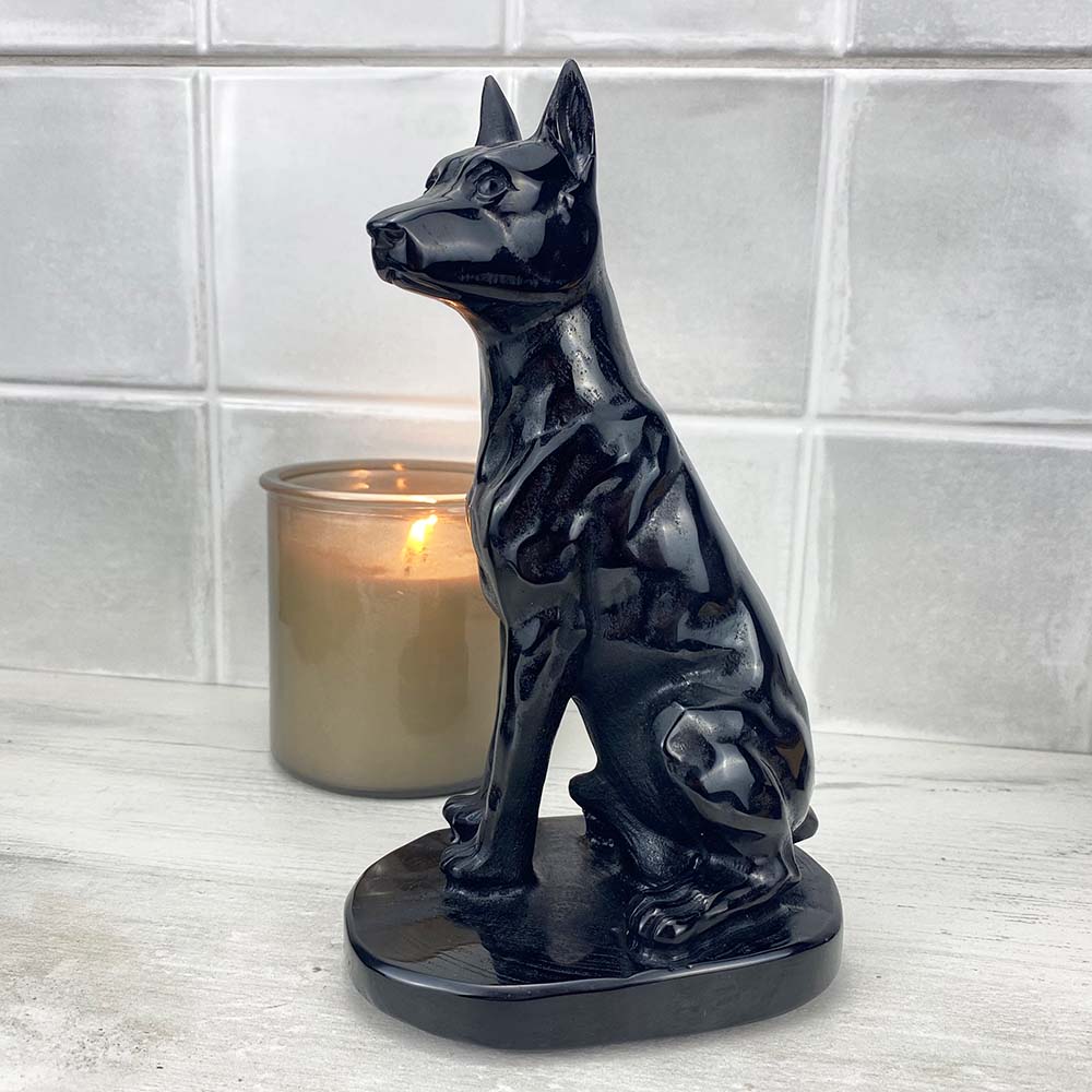 Polished Black Obsidian Doberman Pinscher Stone Carving