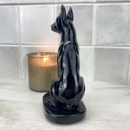Polished Black Obsidian Doberman Pinscher Stone Carving