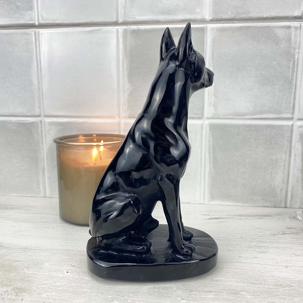 Polished Black Obsidian Doberman Pinscher Stone Carving