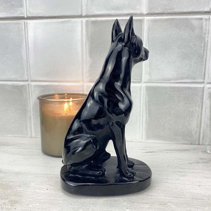 Polished Black Obsidian Doberman Pinscher Stone Carving