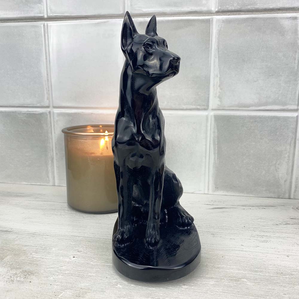 Polished Black Obsidian Doberman Pinscher Stone Carving