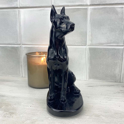 Polished Black Obsidian Doberman Pinscher Stone Carving