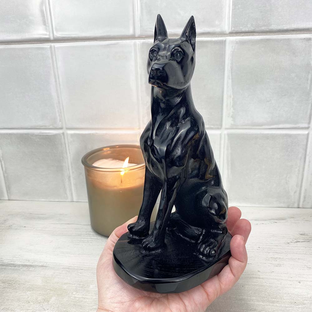 Polished Black Obsidian Doberman Pinscher Stone Carving