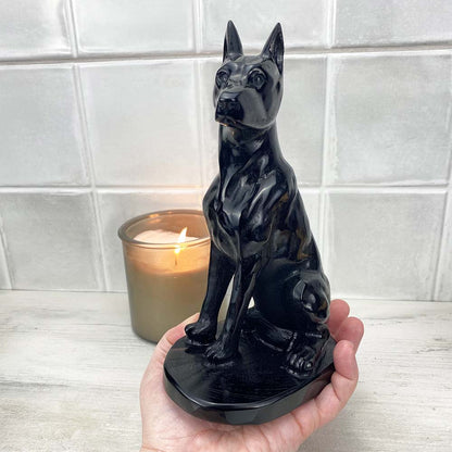 Polished Black Obsidian Doberman Pinscher Stone Carving