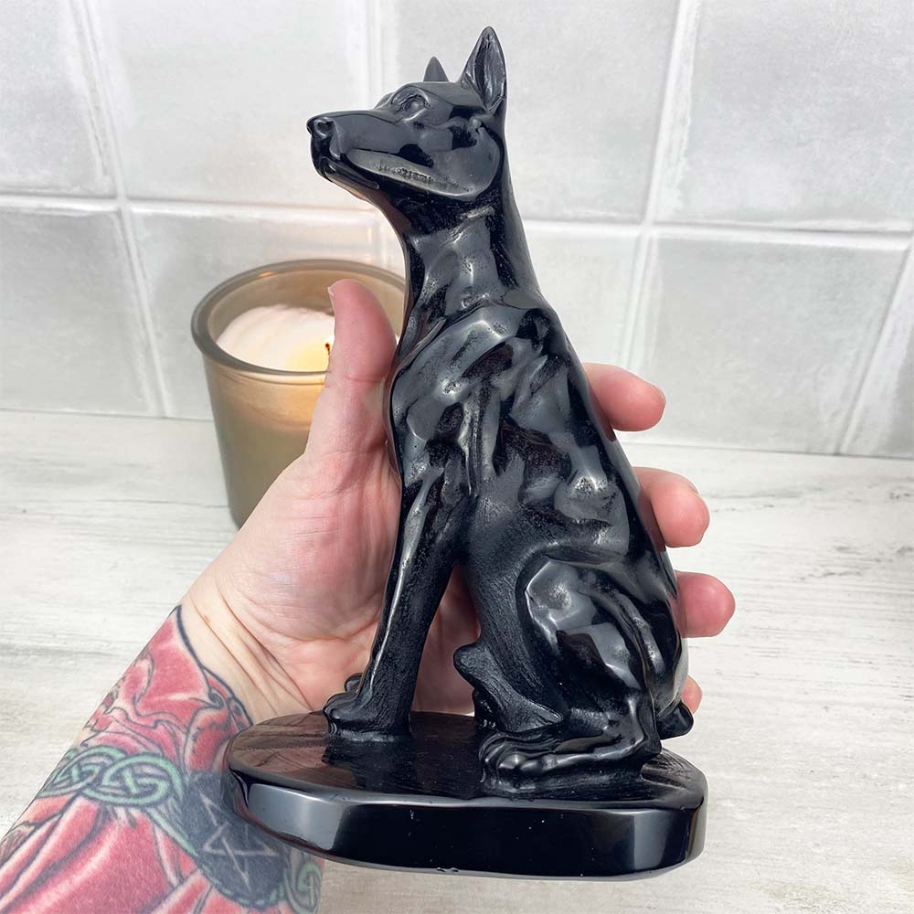 Polished Black Obsidian Doberman Pinscher Stone Carving