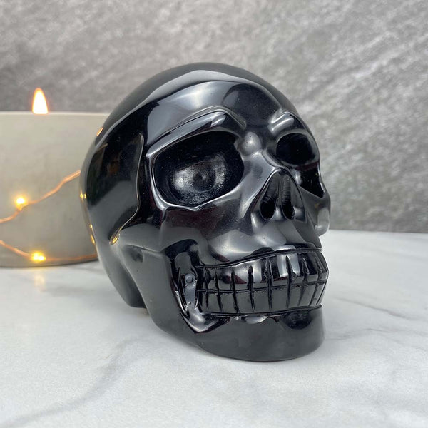 Polished Black Obsidian Skull Carving